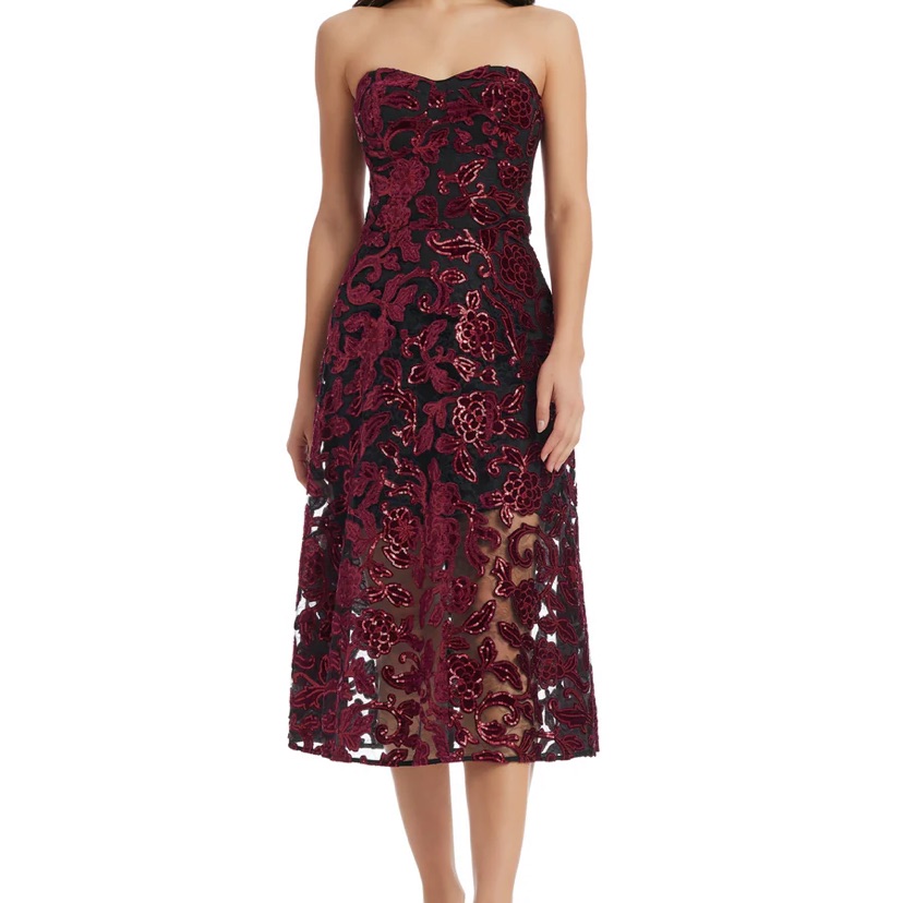 Dress The Population Strapless Sadie Fit And Flare Burgundy Floral Lace Midi